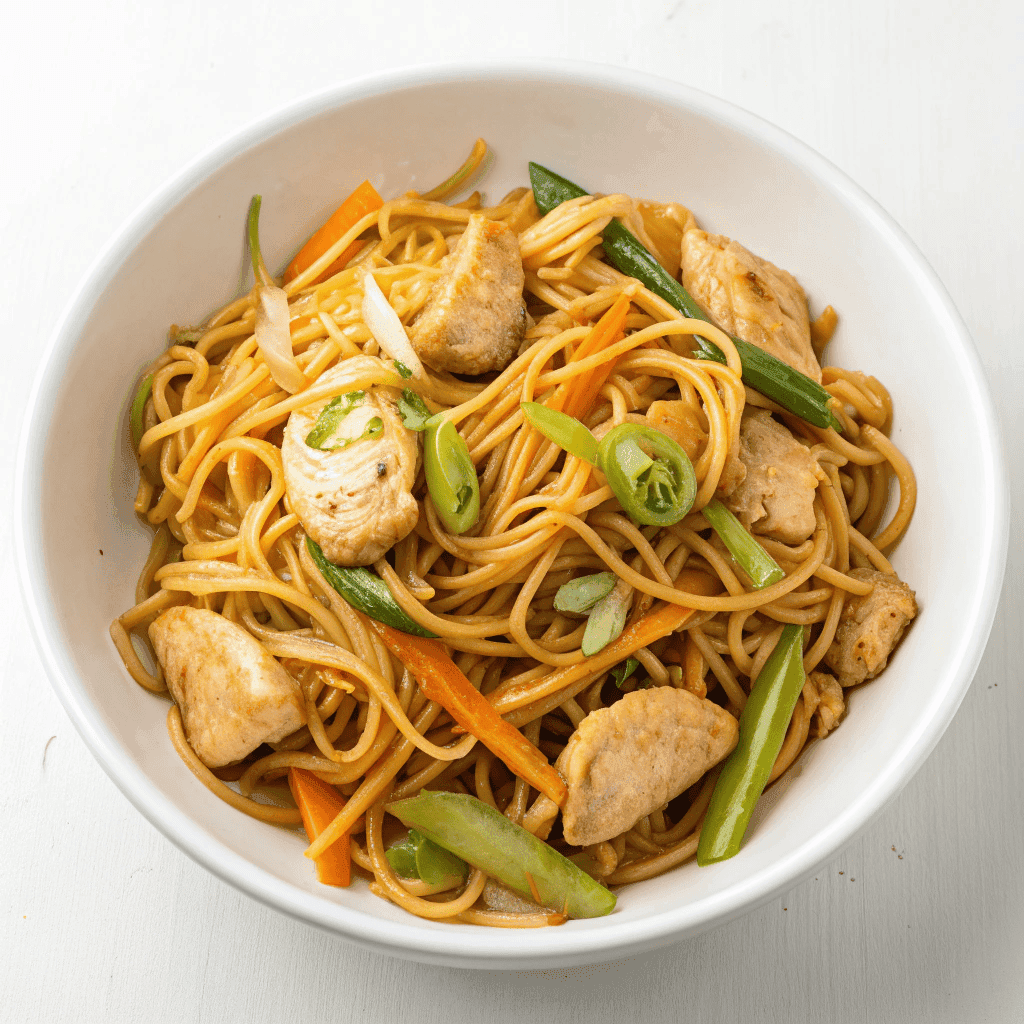 Homemade chicken chow mein with stir-fried noodles, tender chicken, cabbage, carrots, and green onions