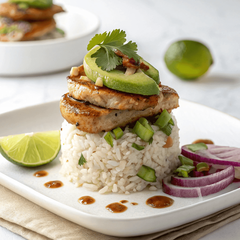 Honey lime glazed chicken stacked on avocado and white rice with cilantro, red onion, and lime garnish.