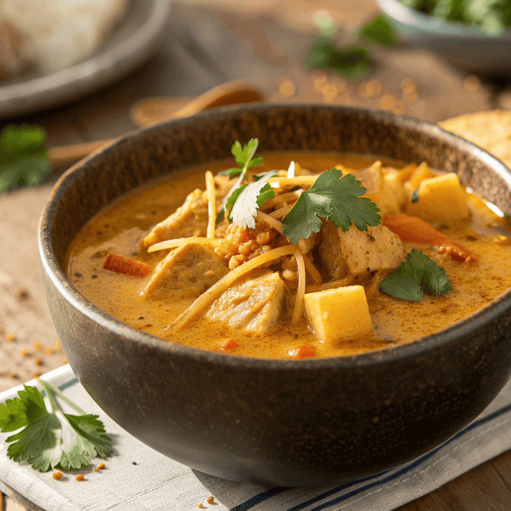 Authentic Indian Mulligatawny Soup – Spiced Lentil Comfort Bowl 4 Golden Indian mulligatawny soup with chicken, potatoes, carrots, and cilantro