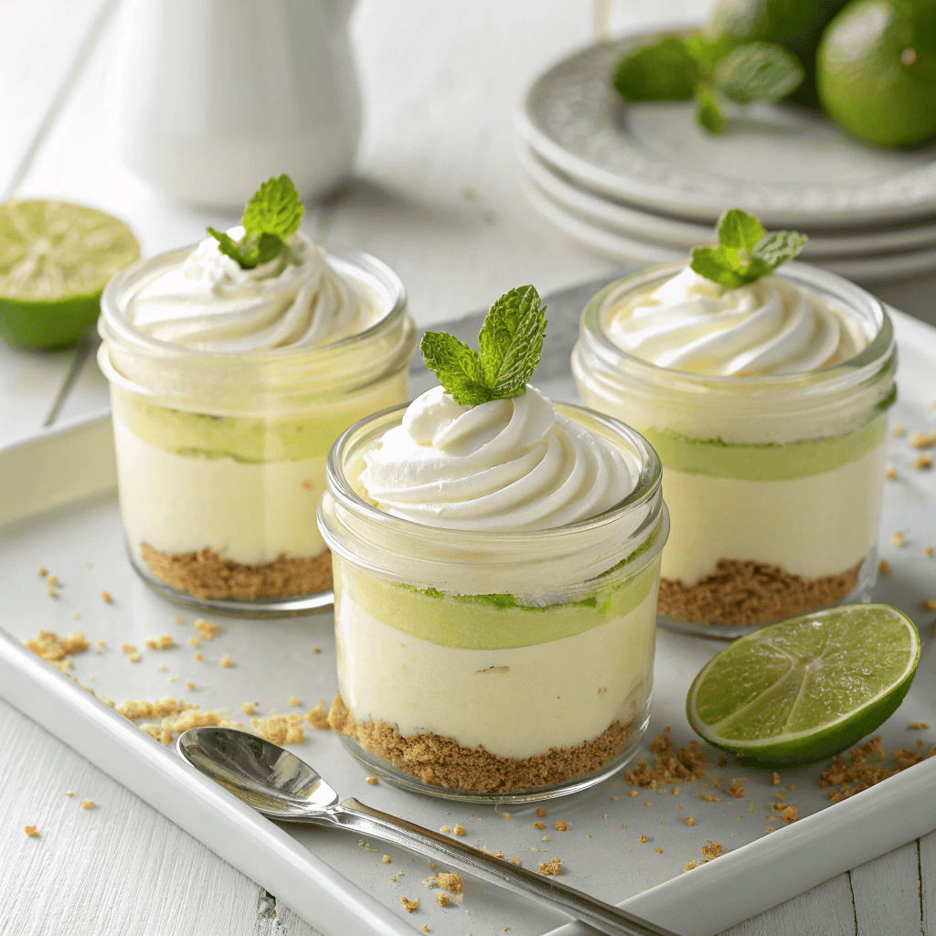 Key Lime Pie – Creamy, Tangy & Refreshingly Light 3 Key lime pie in glass jars with graham cracker crust, whipped cream, lime zest, and mint garnish