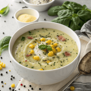 Overhead hero shot of Irish colcannon soup with creamy potato base, corn, greens, black pepper, butter, and basil garnish.