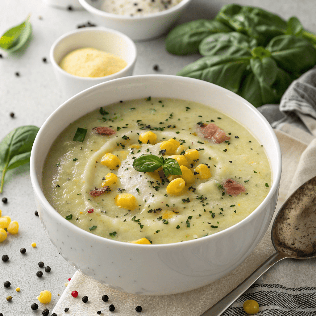 Irish Colcannon Soup : Creamy Potato and Cabbage Comfort Bowl 4 Overhead hero shot of Irish colcannon soup with creamy potato base, corn, greens, black pepper, butter, and basil garnish.