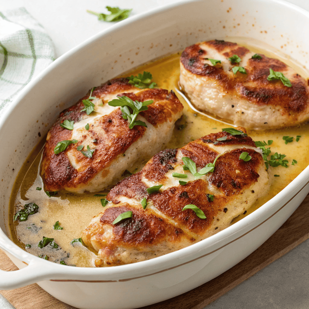 Italian chicken saltimbocca with golden seared chicken in creamy herb sauce baked in a white dish