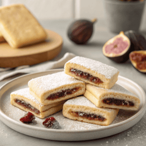 Italian fig cookies dusted with powdered sugar showing rich fig filling on a plate
