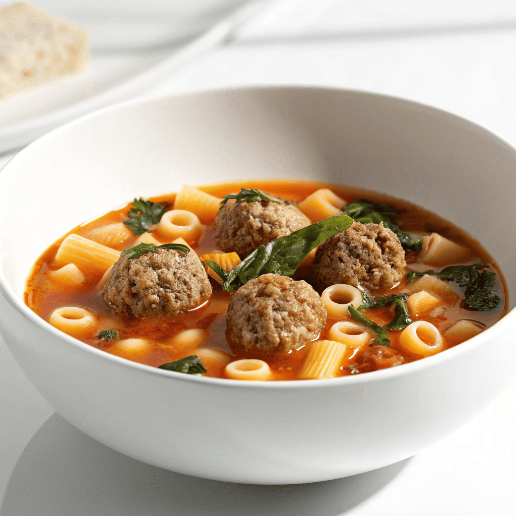 Italian meatball soup served in a white bowl with pasta, greens, and meatballs in a tomato-rich broth.
