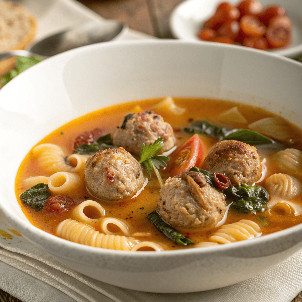 Bowl of Italian meatball soup with rich orange broth, small meatballs, pasta, greens, and tomato pieces.