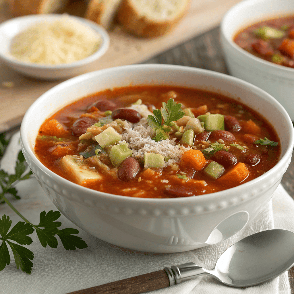 Thick minestrone soup with pasta, kidney beans, vegetables, tomato broth, and grated cheese.