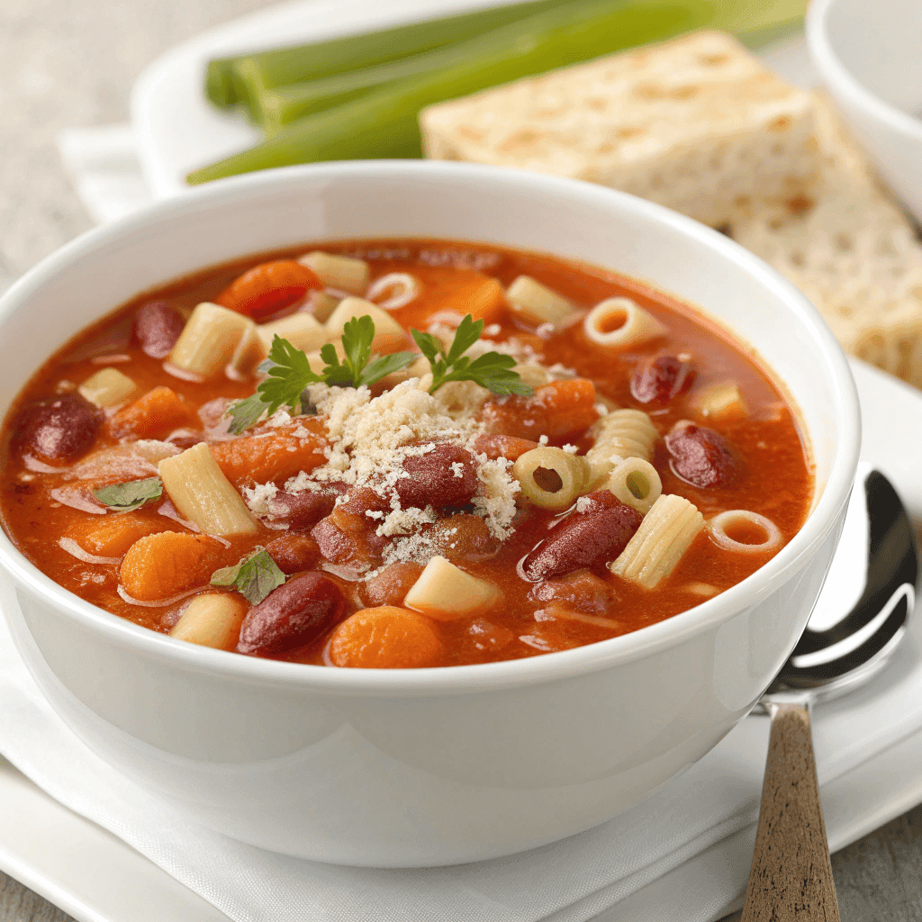 Italian pasta fagioli soup with beans, pasta, vegetables, and grated parmesan