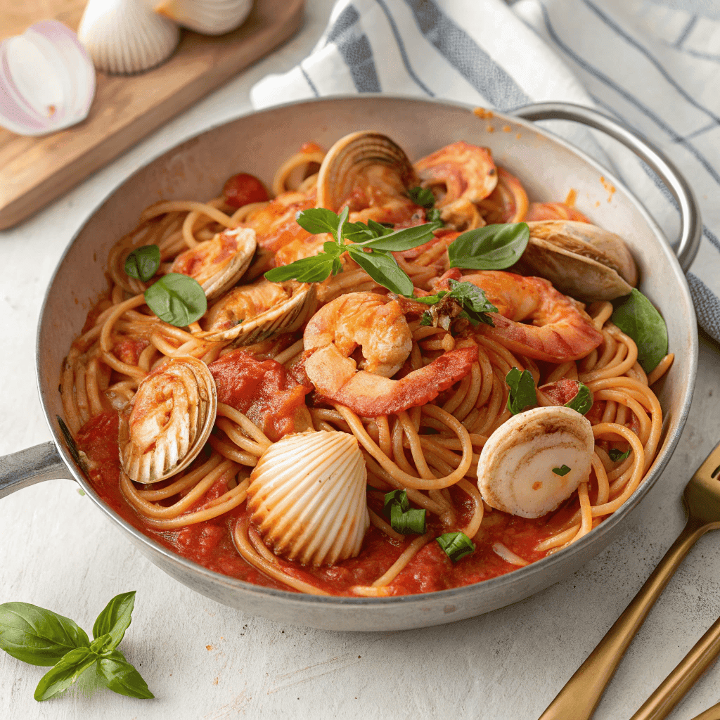 Seafood pasta with shrimp, clams, scallops, spaghetti, tomato sauce, and fresh basil in a pan.
