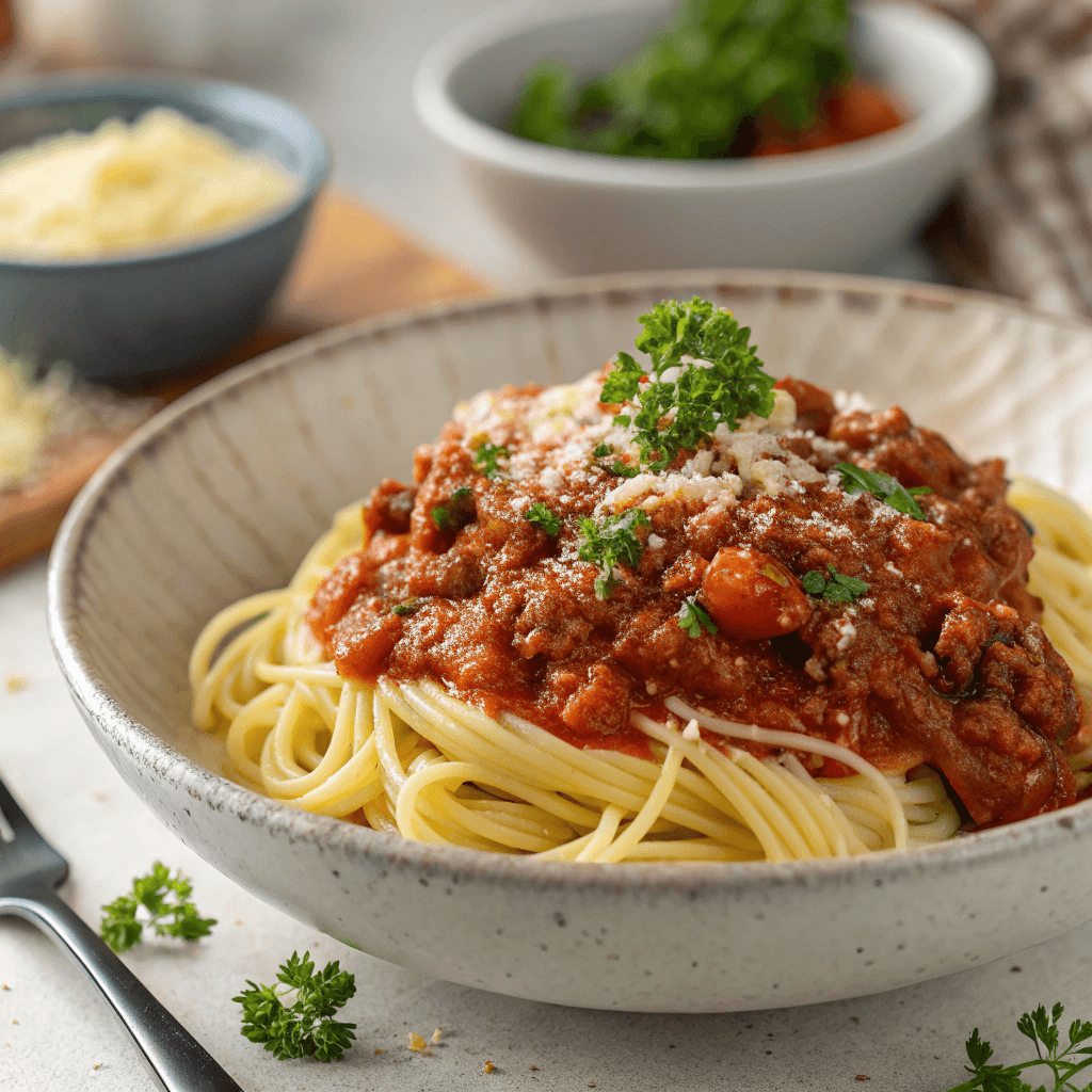 Italian spaghetti topped with thick meat tomato sauce, parmesan, and parsley in a gray bowl.