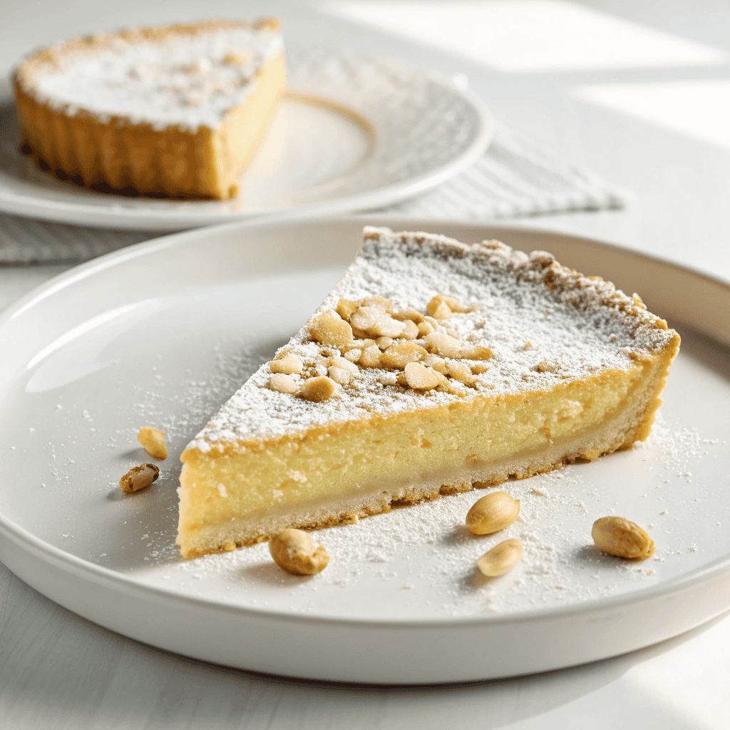 Slice of torta della nonna on a white plate with custard and powdered sugar.