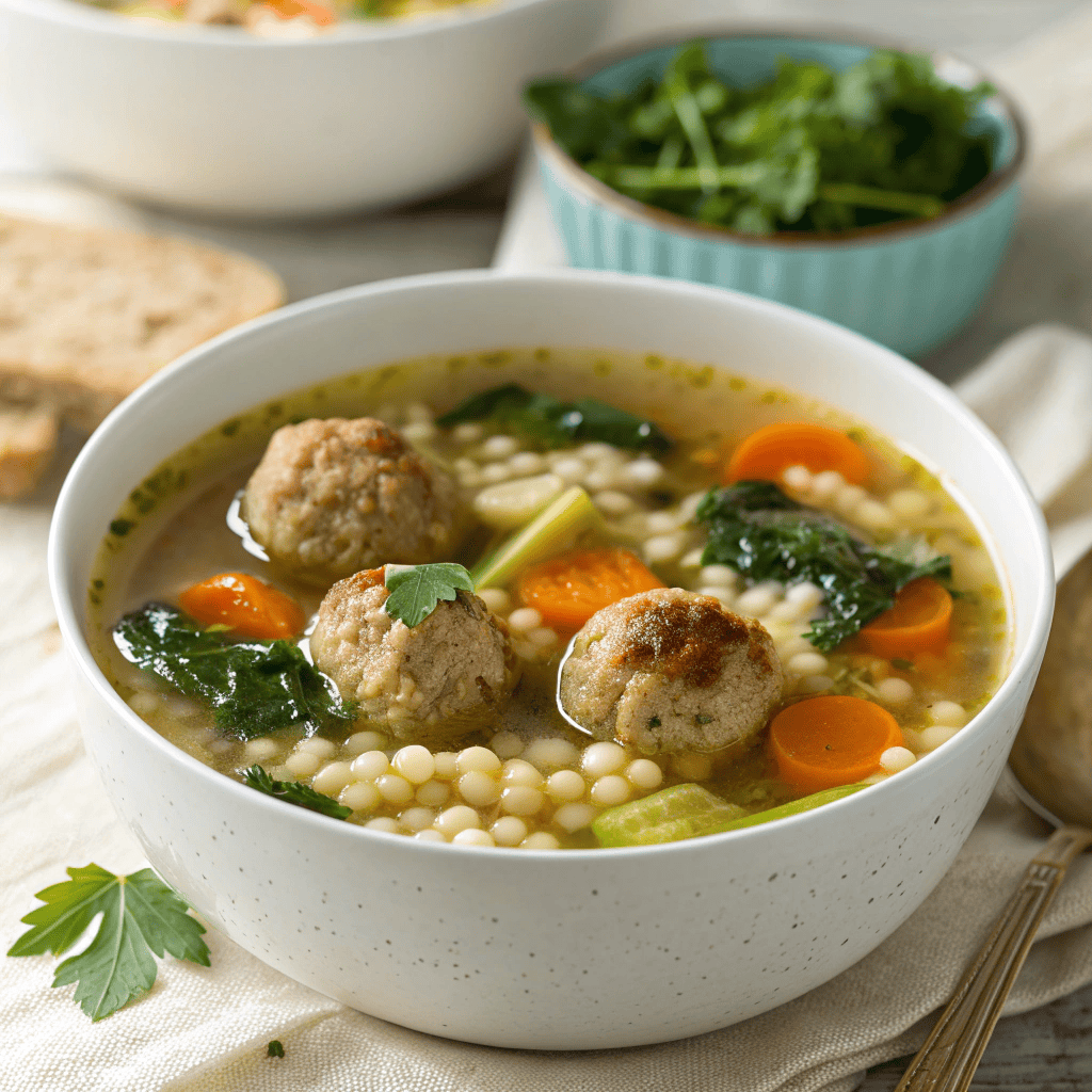 Italian wedding soup with meatballs, orzo pasta, carrots, celery, and greens in clear broth.
