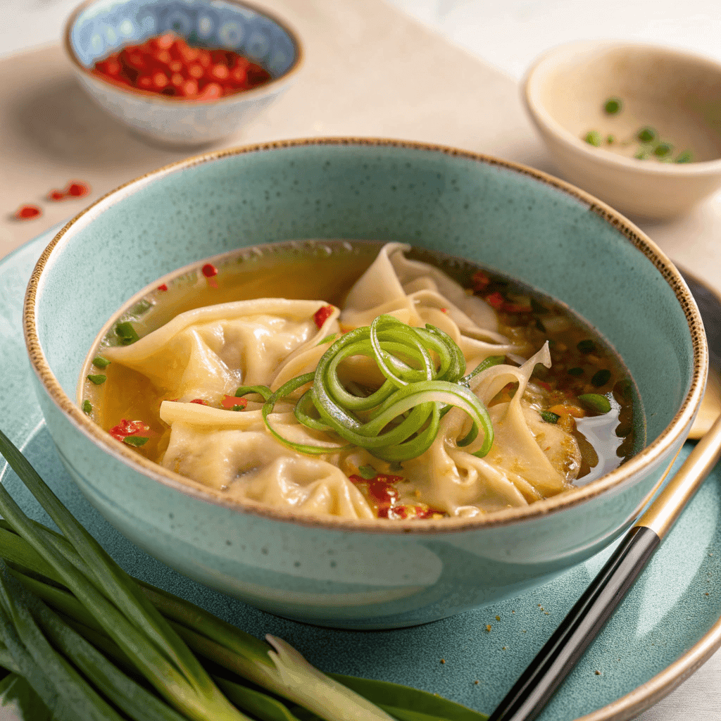 Japanese dumpling soup with clear broth, noodles, scallions, and chili flakes