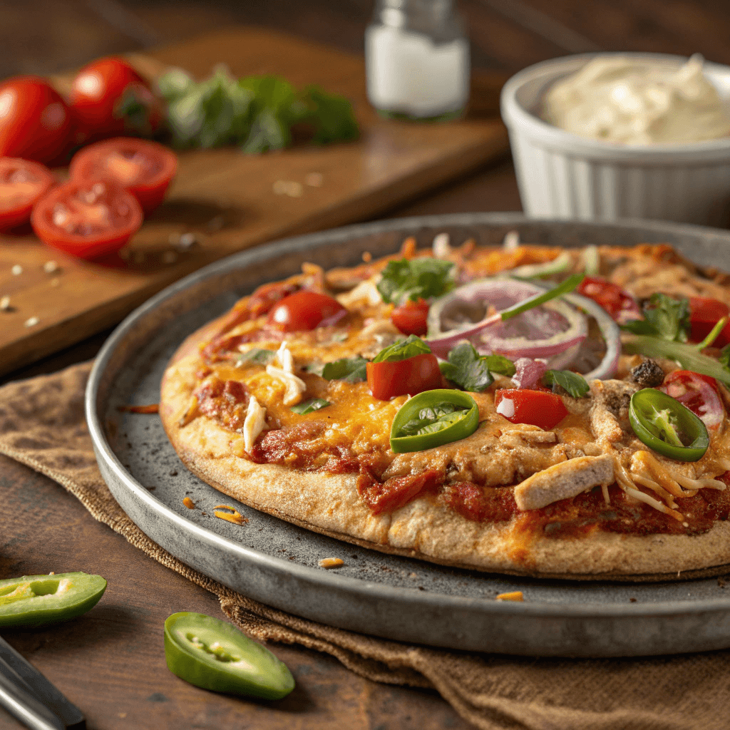 Best Low-Carb Keto Chicken Mexican Pizza Recipe 3 Keto chicken Mexican pizza with melted cheese, jalapeños, pico de gallo, and low-carb crust.
