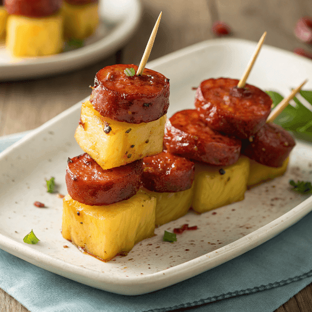 Glazed kielbasa pineapple bites secured with toothpicks on a serving plate