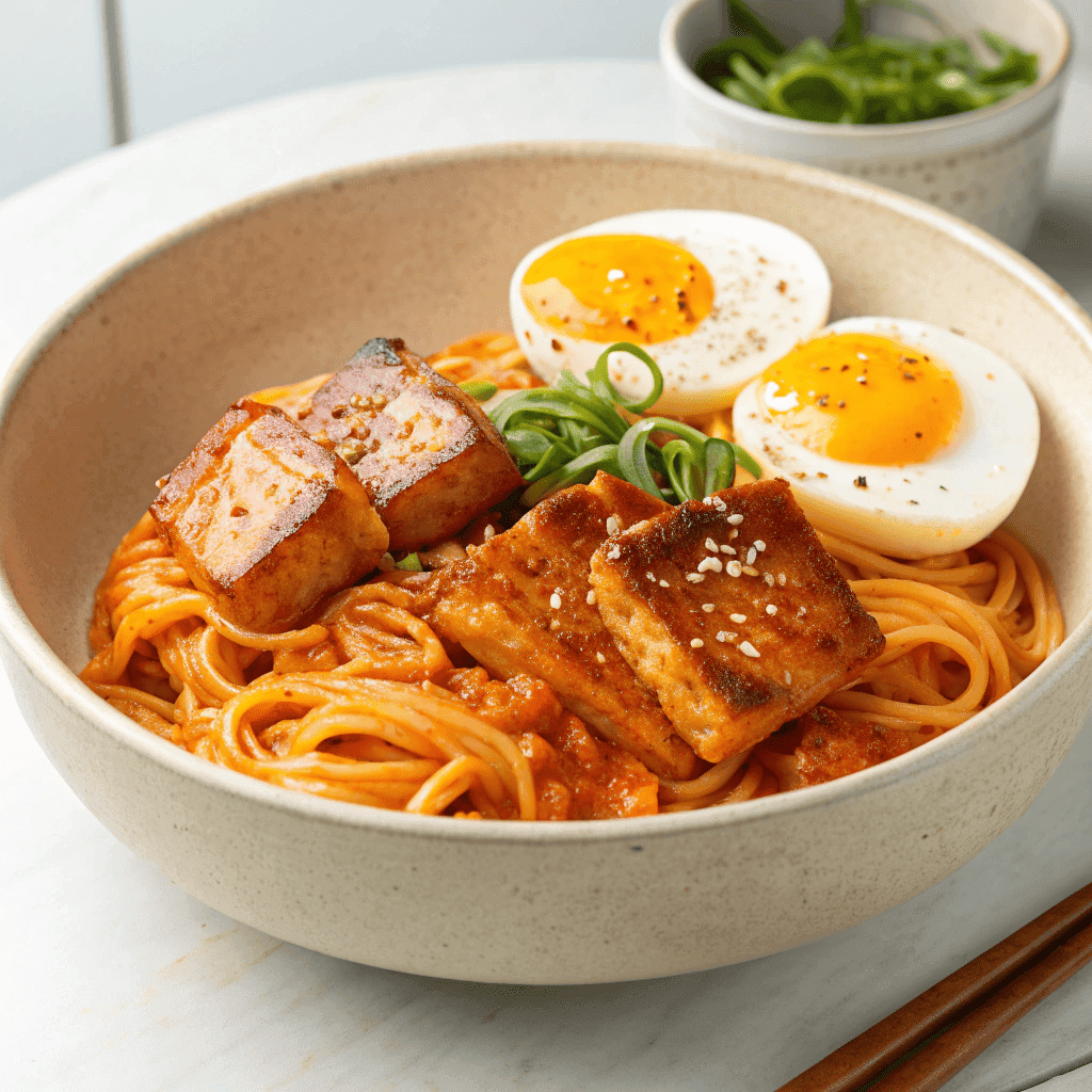 Korean ssamjang pasta with creamy noodles, soft-boiled eggs, seared tofu, cheese, and green onions.