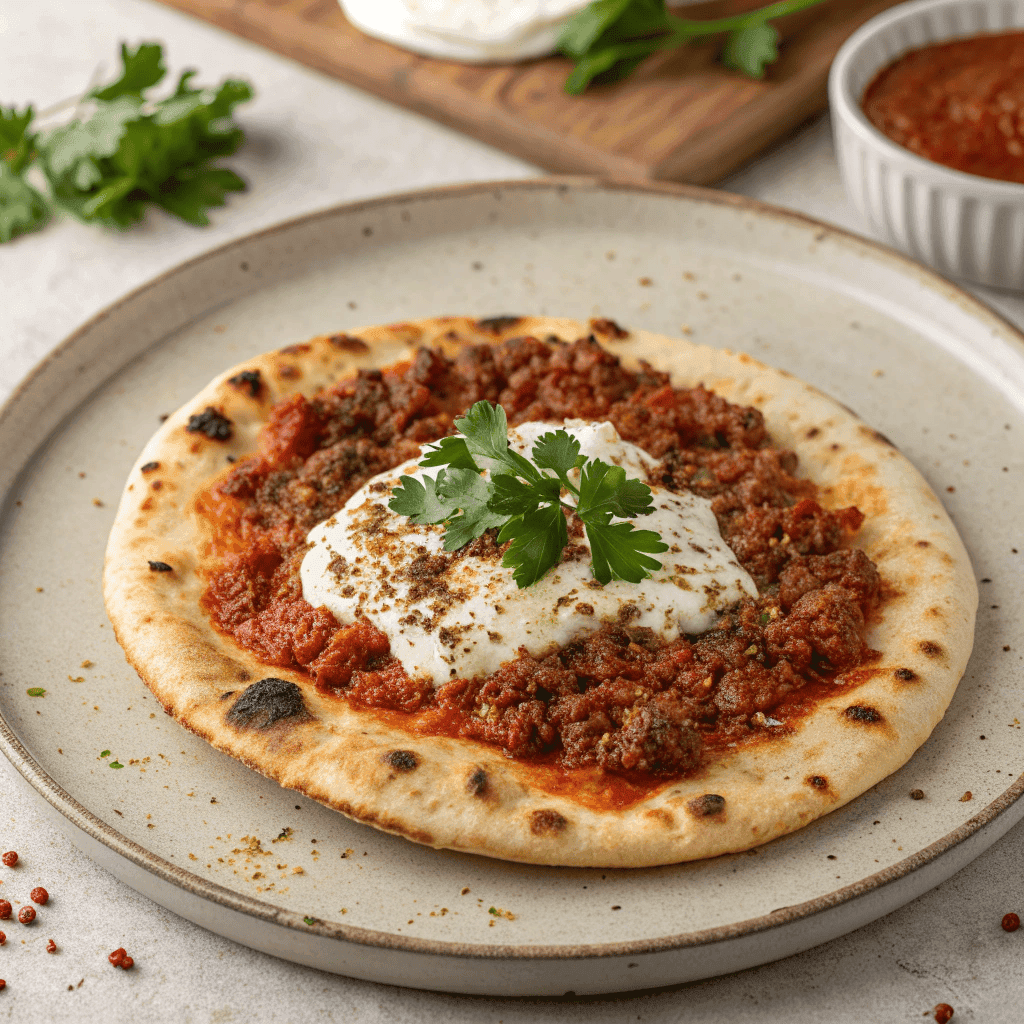 Traditional lahmacun topped with spiced minced meat, yogurt sauce, tomatoes, onions, and herbs