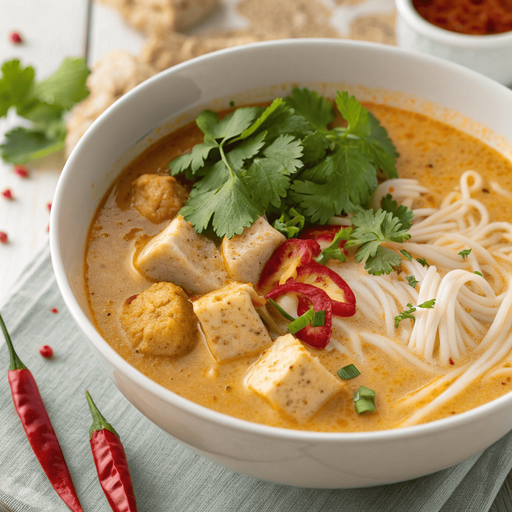 Creamy laksa noodle soup with coconut curry broth, rice noodles, tofu, bean sprouts, herbs, and chili oil.