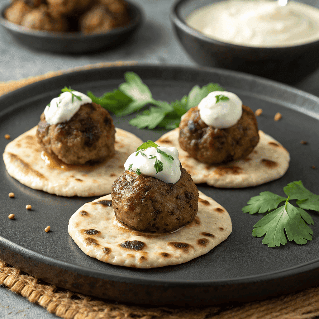Lamb meatballs on mini flatbreads topped with creamy yogurt sauce and cilantro