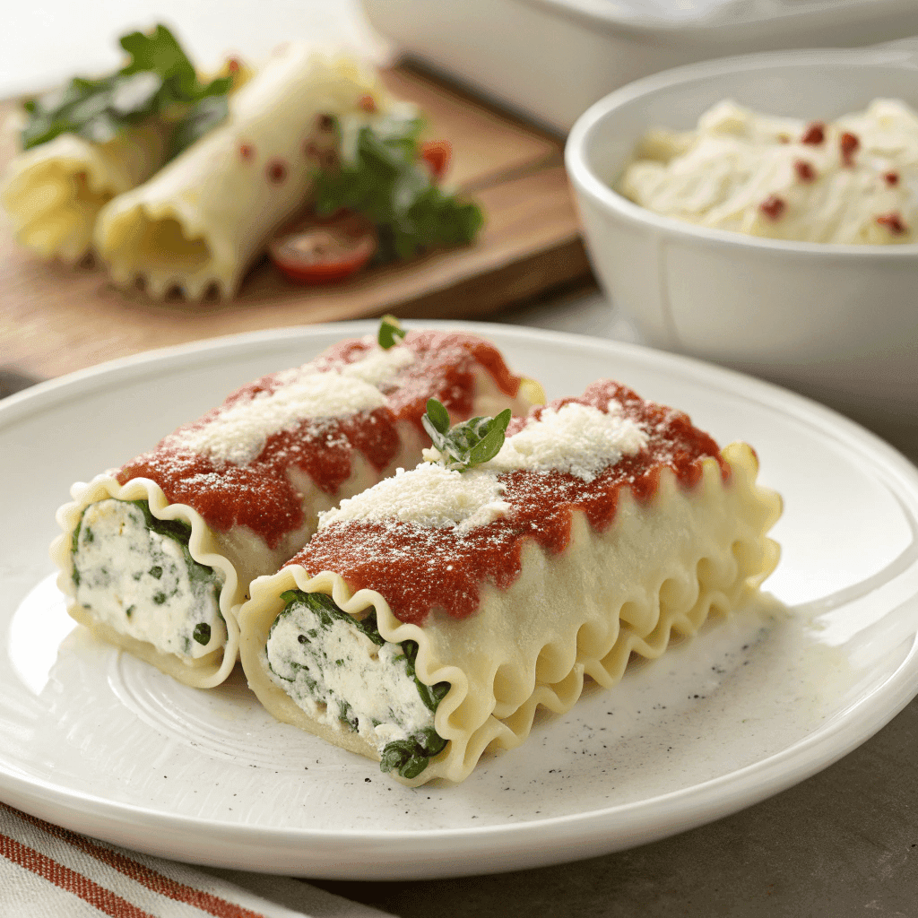 Lasagna rolls with ricotta filling, tomato sauce, and melted cheese on a white plate