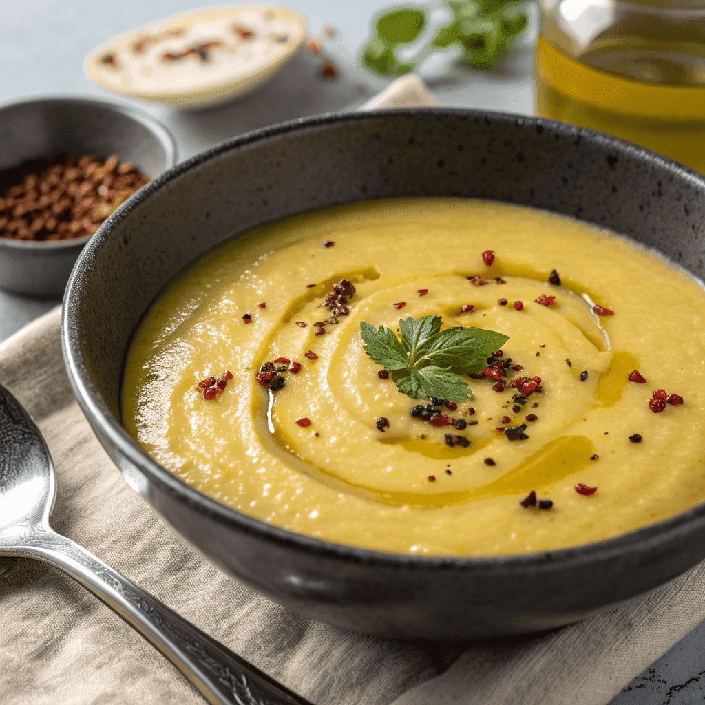Creamy Lebanese lemon lentil soup with olive oil, chili flakes, and herb garnish in a metal bowl