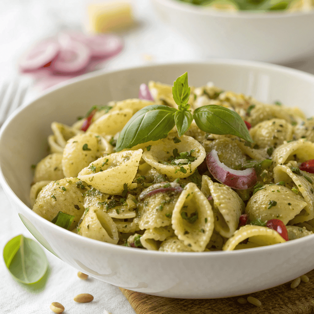 Lemon basil pasta salad with shell pasta, creamy herb sauce, fresh basil, and seeds.