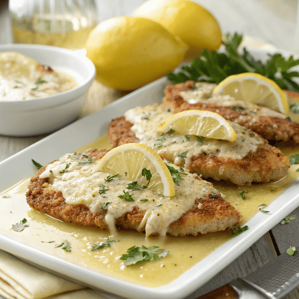 Golden lemon chicken Romano cutlets in butter sauce topped with parsley, grated cheese, and lemon slices on a white plate.