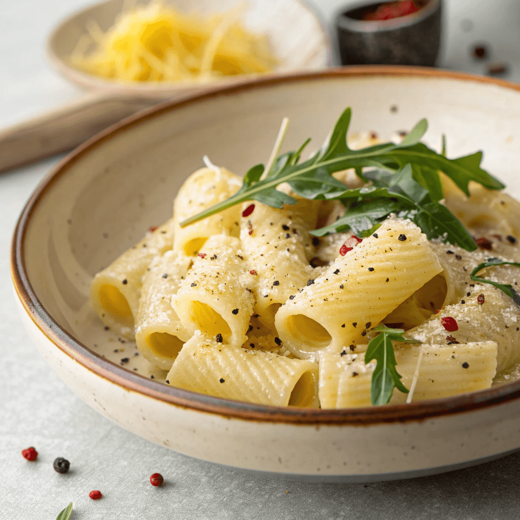 Lemon ricotta pasta with rigatoni, arugula, parmesan, and black pepper in a ceramic bowl.