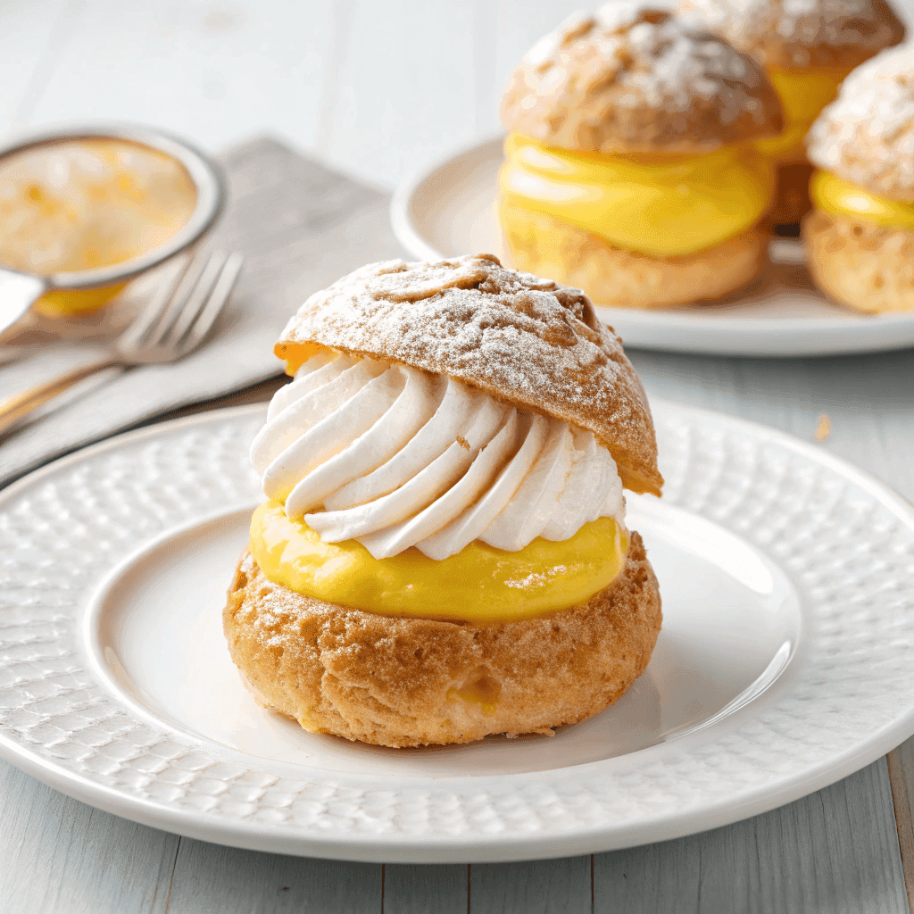 Hero shot of a light choux pastry filled with lemon curd and cream, topped with tall piped lemon cream.