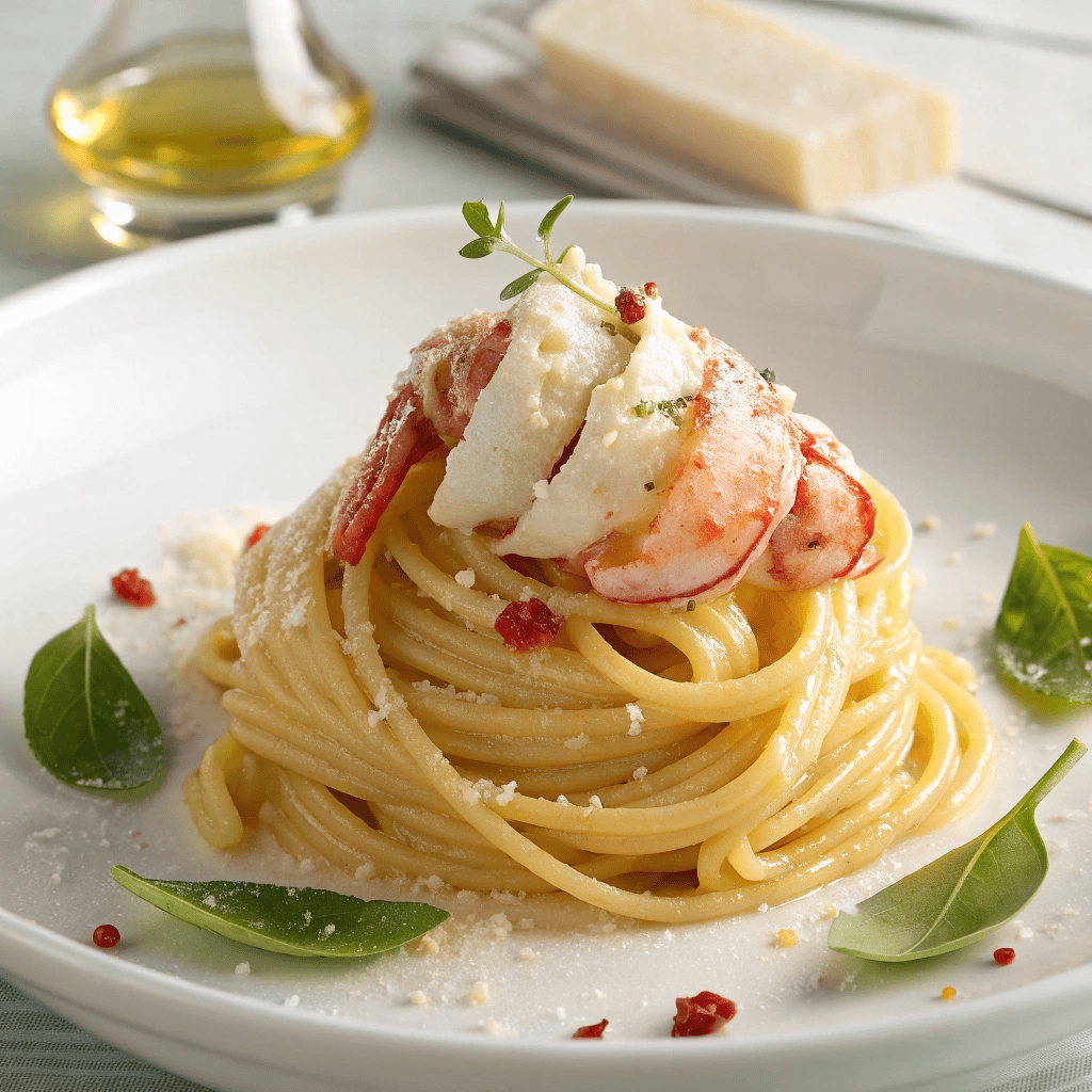 Creamy lobster bucatini pasta topped with large lobster pieces and parsley on a white plate