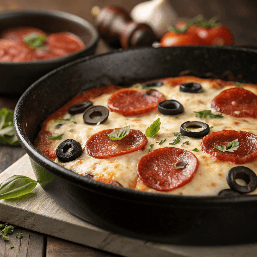 Low carb pizza casserole with melted mozzarella, pepperoni, olives, and basil in a round pan