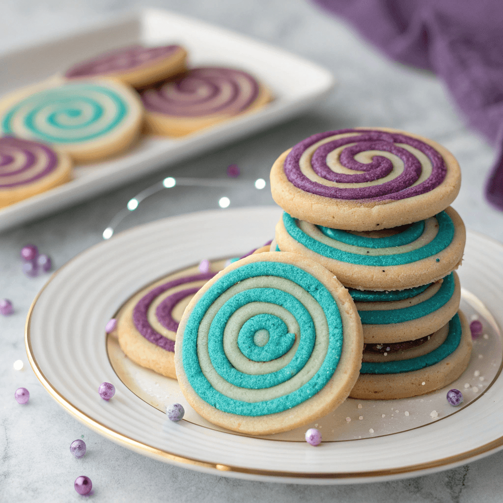 Magical spiral cookies with purple and blue swirls and sparkling sugar centers