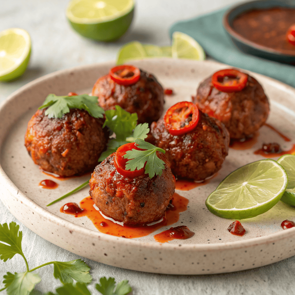 Spicy Mexican meatballs glazed in sauce with cilantro, red chili slices, and lime wedges