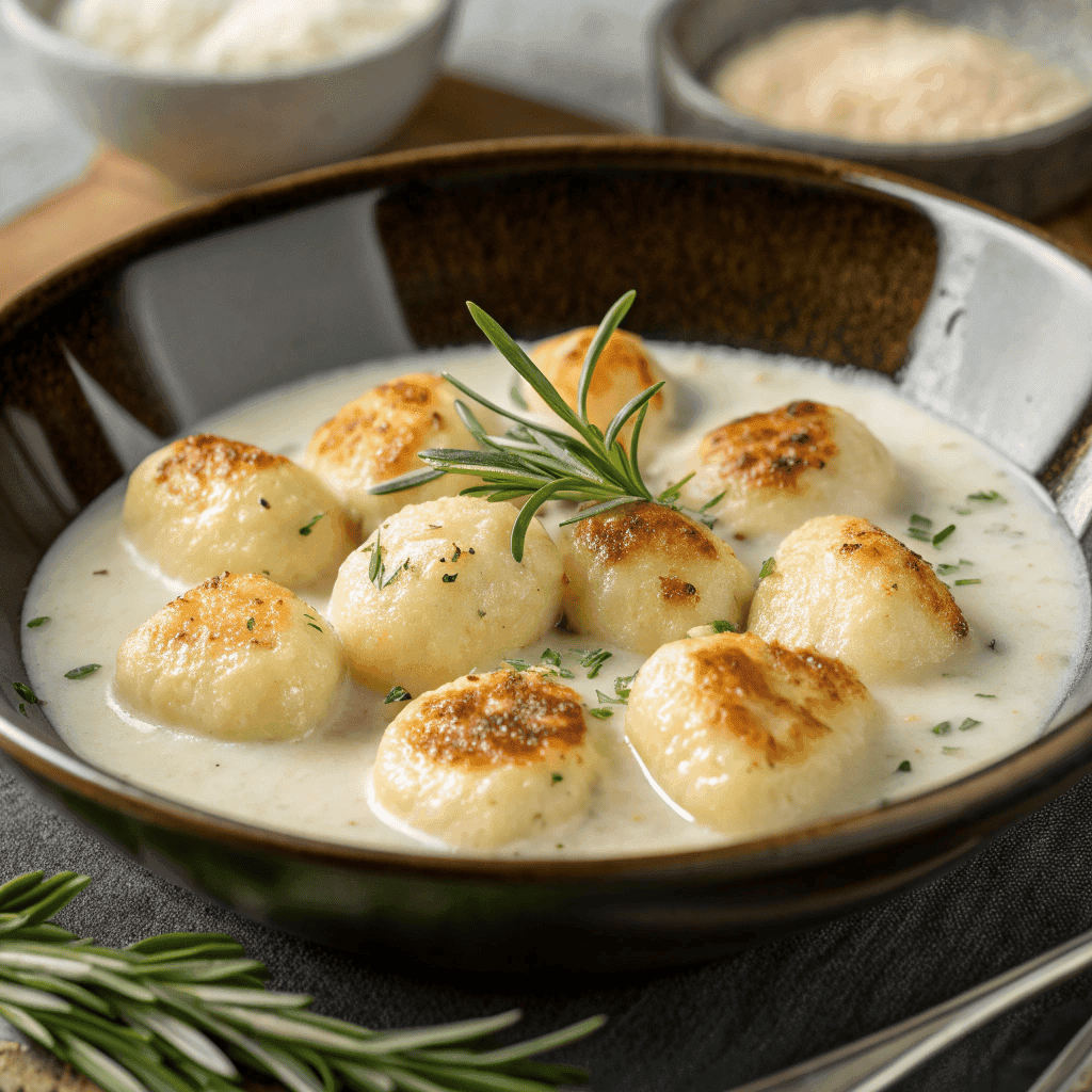 Creamy millionaire gnocchi served on a white plate with golden seared tops, rich sauce, herbs, and rosemary garnish.