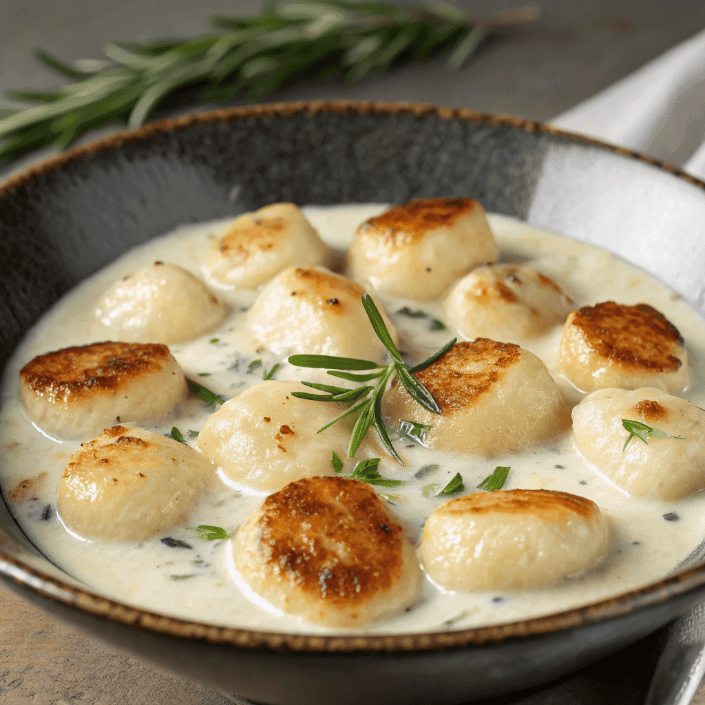 Close-up hero shot of millionaire gnocchi with golden seared tops in a rich creamy sauce, garnished with herbs and rosemary.