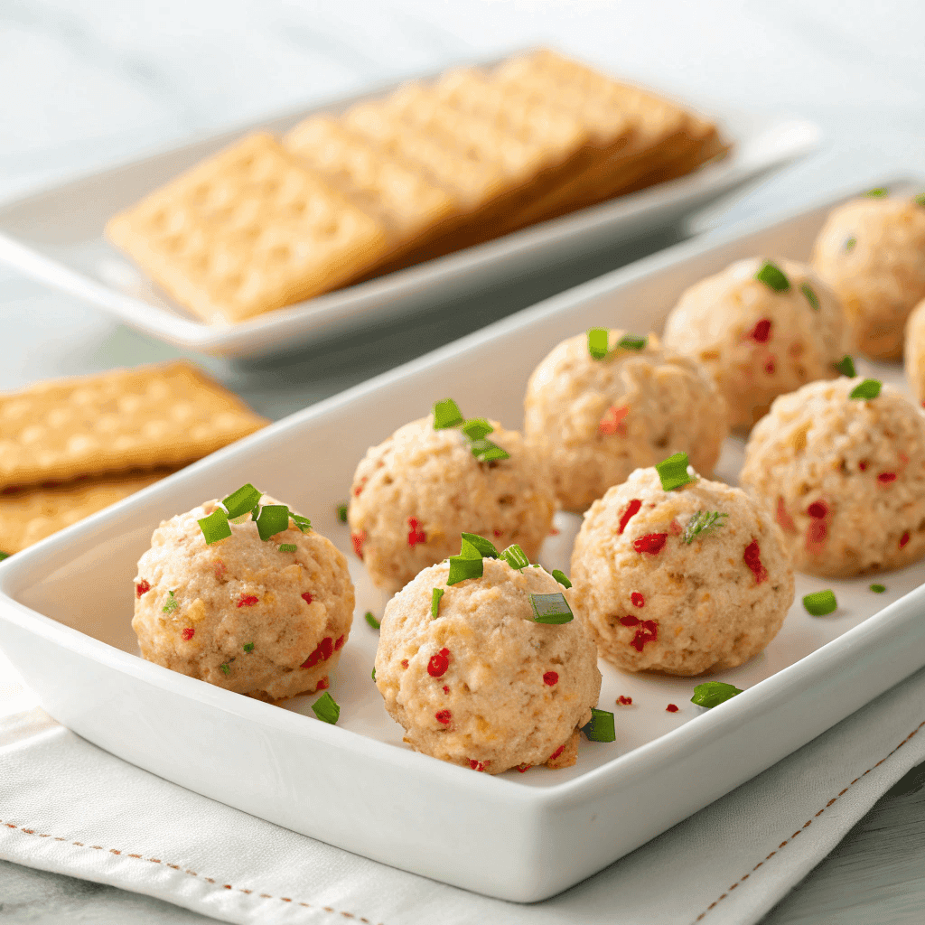 Full platter of mini pimento cheese balls with nut coating and crackers