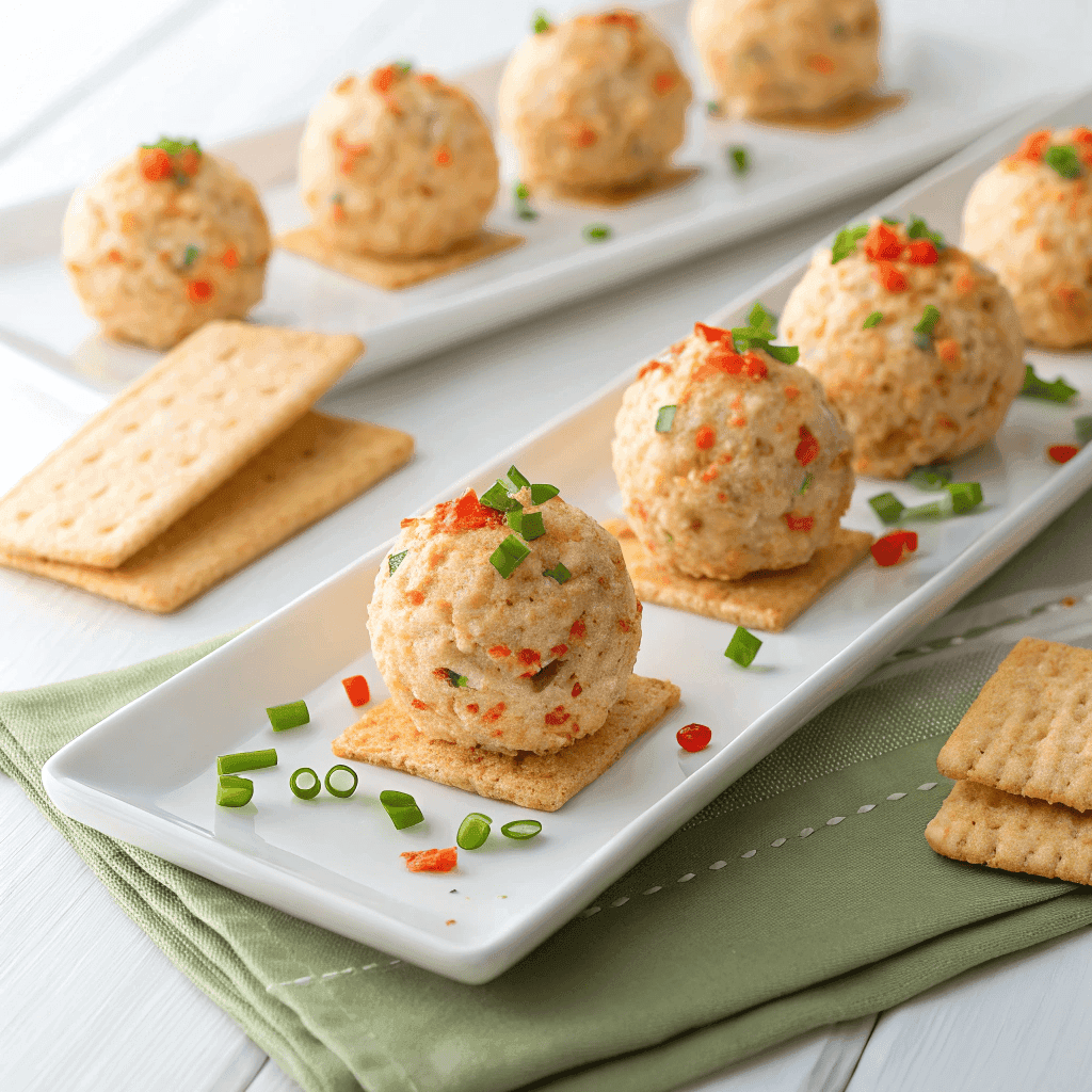 Mini pimento cheese balls coated in nuts with crackers on a white serving platter
