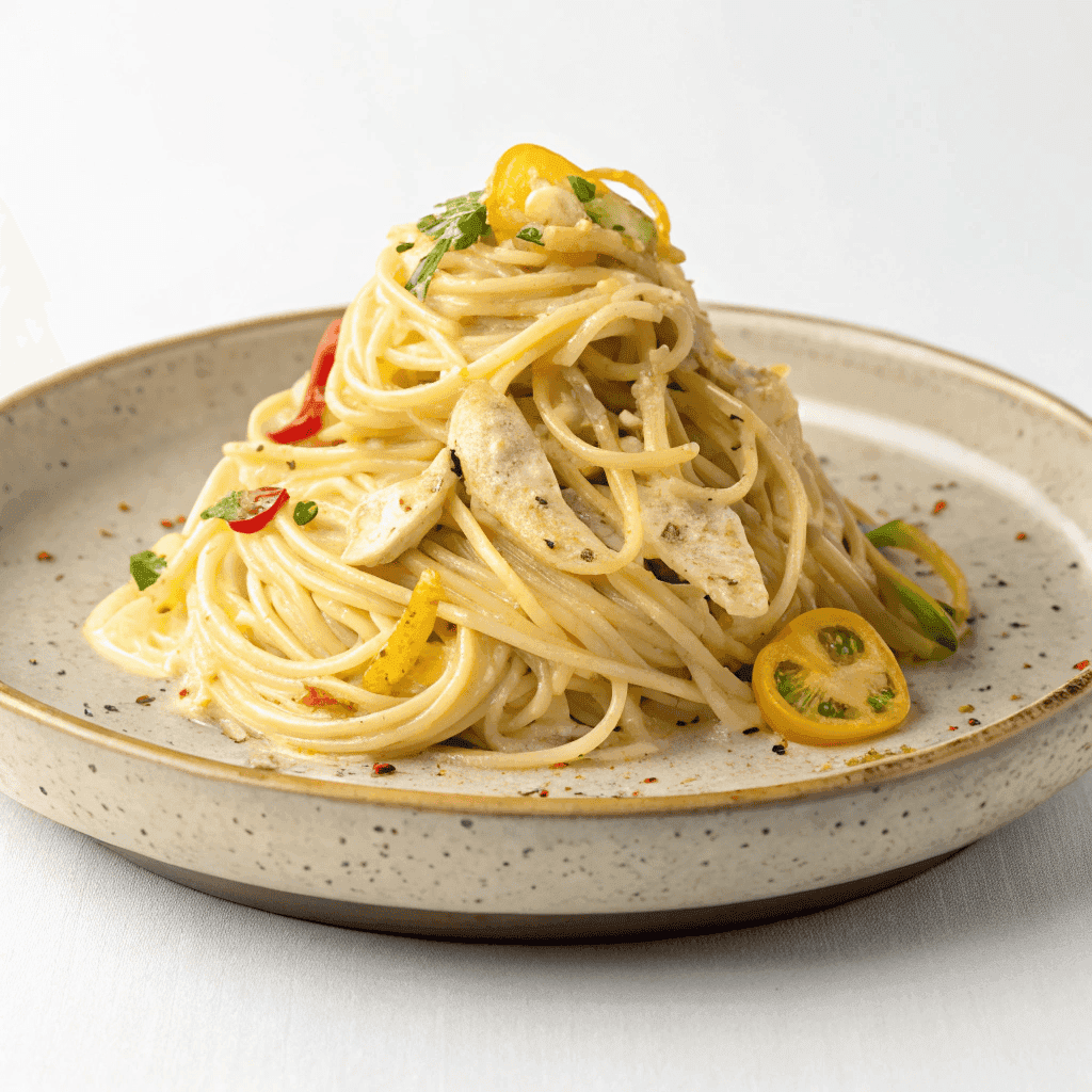 Mississippi chicken spaghetti with creamy sauce, shredded chicken, and pepperoncini peppers served on a plate