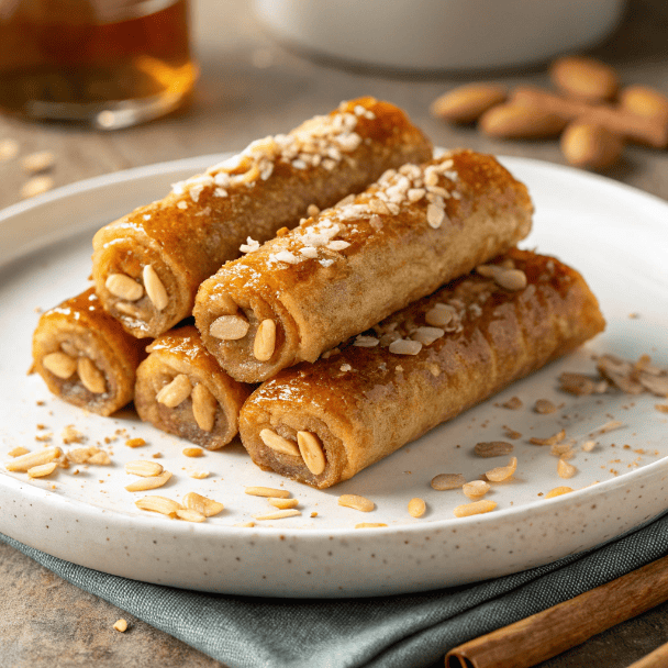 Moroccan Honey Almond Cigars – Sweet, Flaky & Fragrant Pastry Rolls 1 Honey-glazed Moroccan almond cigars with sesame seeds on a white plate