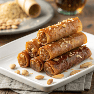 Moroccan honey almond cigars glazed with honey and sesame seeds stacked on a plate
