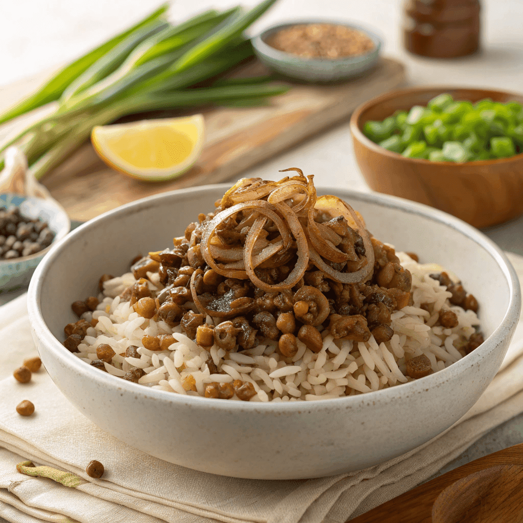 Mujadara made with lentils and rice topped with caramelized onions and green onions in a wide bowl.