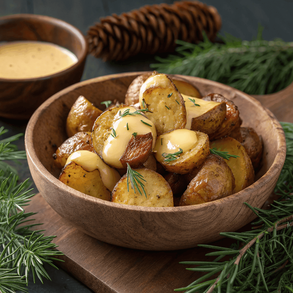 Mustard roasted baby potatoes topped with creamy sauce and fresh dill in a wooden bowl