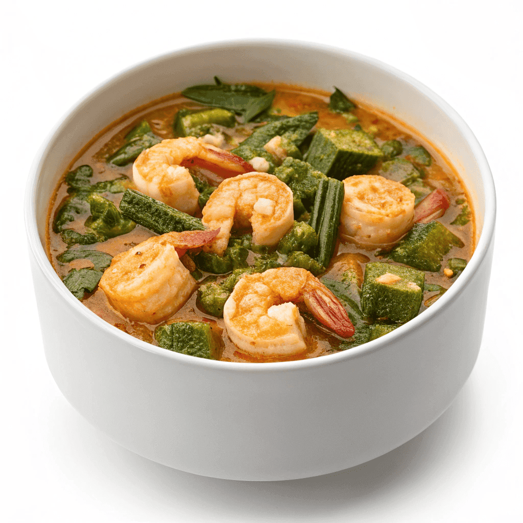 Traditional Nigerian okra soup isolated on white background with thick glossy texture and whole shrimp.