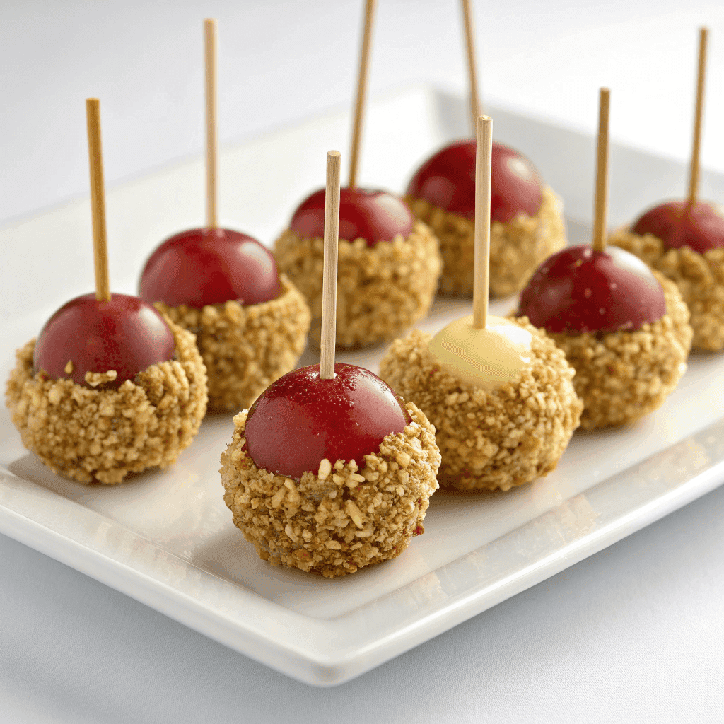 Nut-coated grape appetizers with toothpicks served on a clean white plate in a minimalist food photography style.