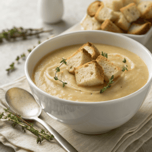 Overhead hero shot of parsnip and pear soup with golden croutons and fresh thyme in a white bowl.