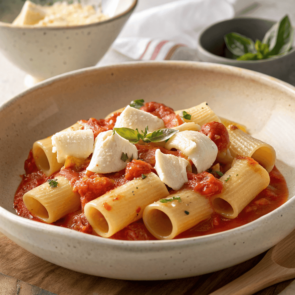 Baked pasta alla Sorrentina with tomato sauce, melted mozzarella, and basil