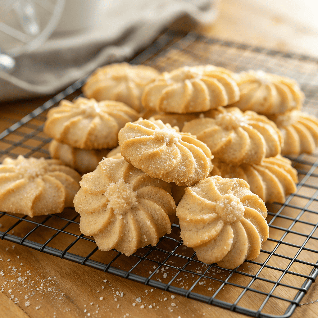 Close-up hero shot of peanut butter spritz cookies with rosette shapes, sugar coating, and golden crumbly texture.