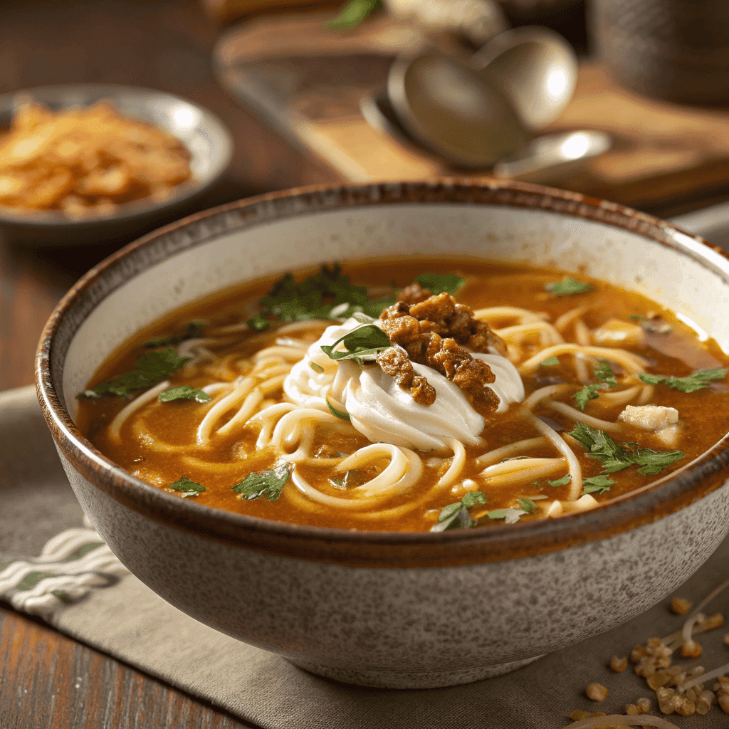 Persian noodle soup with thick noodles, herbs, yogurt drizzle, and crispy onions in a rustic bowl