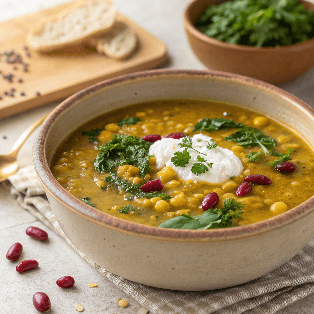 Persian soup with lentils, beans, herbs and a dollop of yogurt in a ceramic bowl