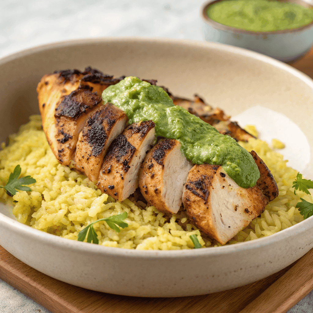 Peruvian Chicken and Rice with Green Sauce | Easy Aji Verde Bowl 4 Peruvian grilled chicken over yellow rice topped with creamy green sauce and charred grill marks